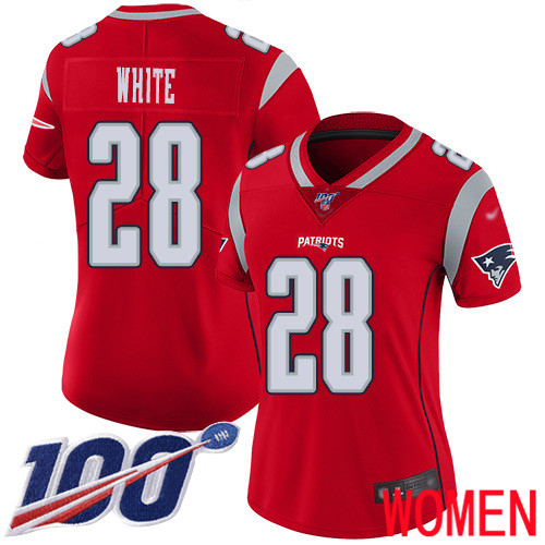 New England Patriots Football #28 100th Season Inverted Limited Red Women James White NFL Jersey->women nfl jersey->Women Jersey